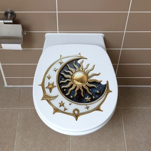 Adhesive toilet lid decal with vintage celestial sun moon and stars galaxy design