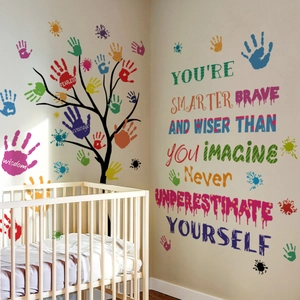 Inspirational tree wall sticker with colorful handprints and wisdom quotes for kids rooms