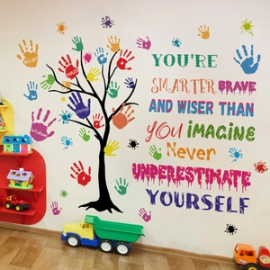 Colorful handprints and inspirational quotes wall stickers for kids bedroom decor