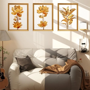 Golden Plant Flower Photo Frame Wall Stickers PVC Waterproof Self Adhesive Luxury Modern Art Decor For Living Room Bedroom
