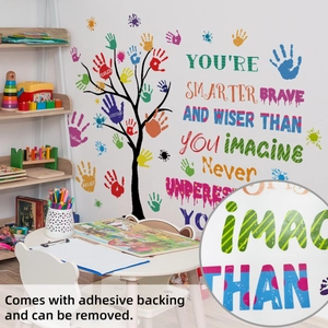 Detail of colorful handprint wall decals with inspirational quotes for kids rooms
