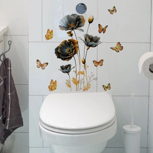 Floral wall decals with black-gold flowers and butterflies for bathroom decor