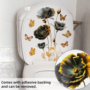 Detailed view of floral and butterfly toilet lid stickers with adhesive backing design
