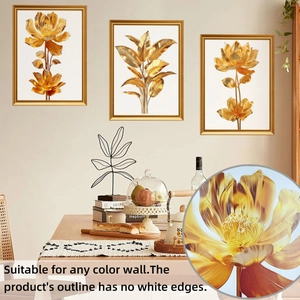 Three-piece golden botanical wall art set featuring lotus designs and leaf patterns
