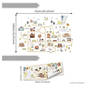 Kids town map wall sticker with vehicles and animals, 90x30cm PVC DIY nursery decal