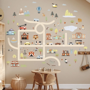 Cartoon City Map Wall Stickers PVC Road Traffic Vehicles Decor For Kids Room Nursery Bedroom Self Adhesive Waterproof
