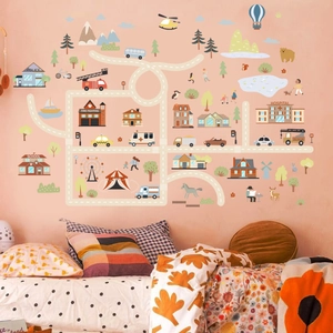 Cartoon city map wall stickers with vehicles and buildings for kids room decor