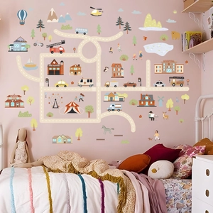 Cartoon city road and building wall decals for kids room with cars and trees