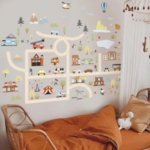 Cartoon town map wall stickers with vehicles and buildings for kids room decoration