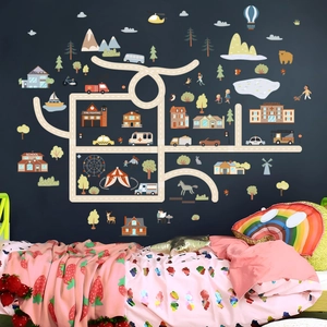 Cartoon city map wall stickers with roads buildings and animals for kids room decoration