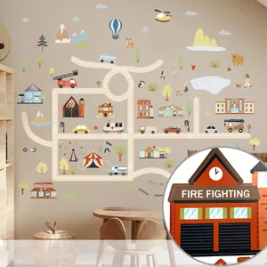 Detailed view of city map wall stickers with cars and buildings in a kids bedroom