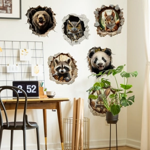 Adesivi murali 3D con animali effetto muro rotto con orso, gufo e panda deco