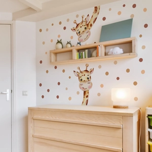 Cartoon giraffe and polka dot wall decals for kids bedroom in Nordic watercolor style