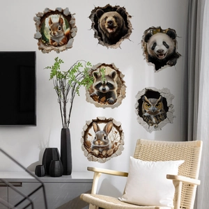 Adesivi murali 3D animali con scoiattolo panda e orso che rompono attraverso il muro