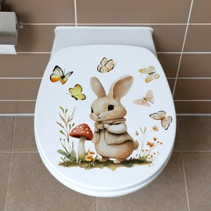 Sticker pour couvercle de toilette avec un lapin mignon et des champignons colorés