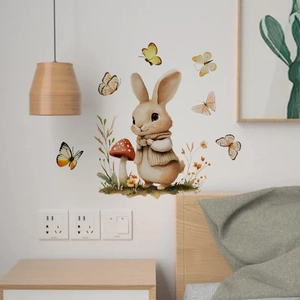 Sticker mural lapin aquarelle avec champignons et papillons pour déco chambre d'enfant