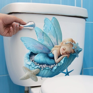 Blue fairy sleeping in shell wall sticker for toilet decoration in ocean fantasy style