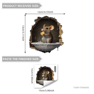 3D mouse hole wall sticker with realistic mouse eating cheese and size dimensions
