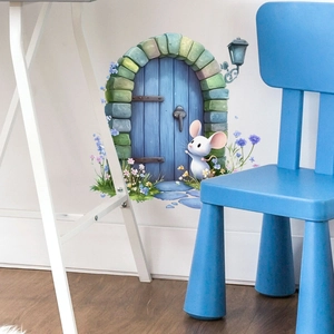 Detail von Cartoon-Maus und blauer Tür Wandaufkleber für Kinderzimmer Deko