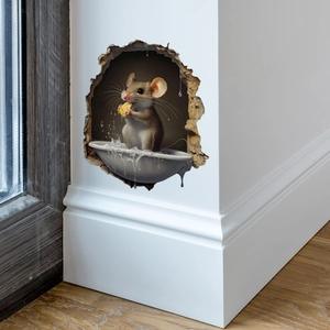 3D realistic wall sticker featuring a cartoon mouse eating cheese in a hole for home decor