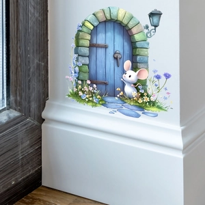 Kreativer Märchen-Mäuseloch-Wandaufkleber mit blauer Tür und bunten Gartenblumen