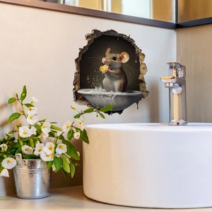 3D wall sticker featuring a cute mouse eating cheese inside a bathroom sink with water splash