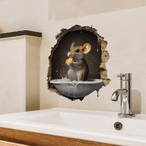 3D realistic mouse hole wall sticker with small mouse in water bowl for bathroom decor