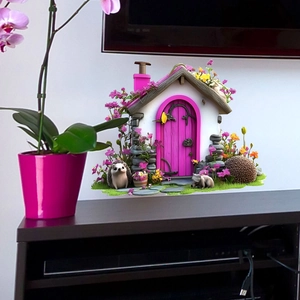 3D-Märchenhaus-Wandtattoo mit rosa Blumen und Igeln für das Kinderzimmer-Wanddekor
