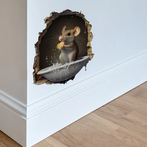 3D Mouse Hole Wall Sticker PVC Removable Decal Mouse Eating Cheese Realistic Animal For Living Room Bedroom Bathroom Decor