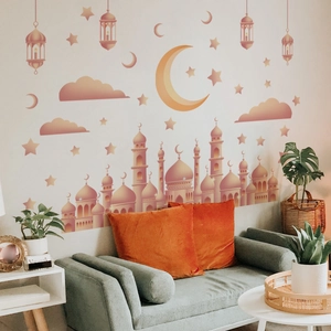 Pastel pink Islamic castle wall stickers with moon and stars for home nursery decor