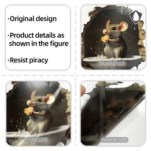 Waterproof 3D wall decal of a mouse eating cheese with a double-sided visual design