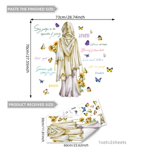Sunflower and butterfly wall stickers set with golden dress woman and quotes, 73x70cm