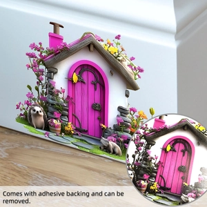 Detail eines Feengarten-Wandtattoos mit rosa Tür und Igel auf weißem Hintergrund