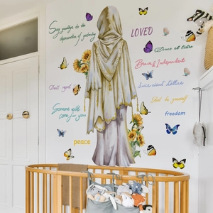 Creative sunflower and butterfly wall sticker with hijab woman and freedom quotes for home decor