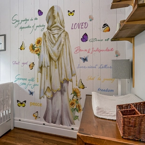 Sunflower and butterflies wall decals with female silhouette for cozy home decor