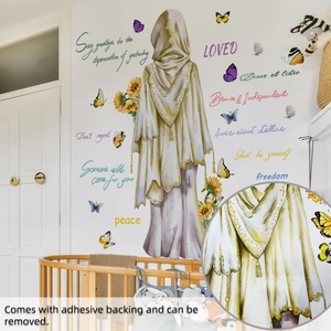 Close-up of watercolor sunflower and butterfly wall sticker with adhesive backing