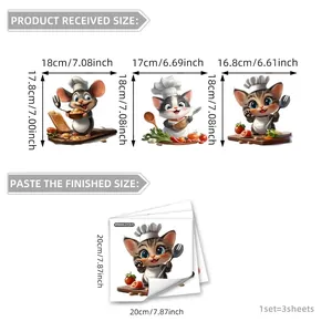 Set of 3 cartoon animal chef wall stickers featuring mouse and cats for kitchen decor