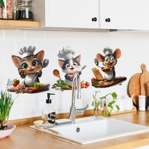 3D cartoon cat chef wall stickers applied on white tiled kitchen backsplash