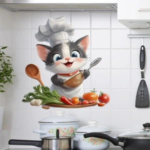 Cartoon cat chef wall sticker with colorful vegetable elements for kitchen decoration
