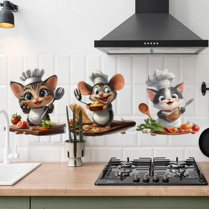 3D cartoon animal chef wall stickers featuring cute cats and mouse for kitchen decor