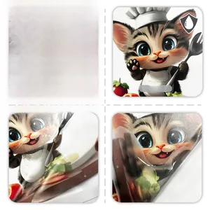 Detail view of waterproof PVC cartoon cat chef wall stickers showing front and back texture