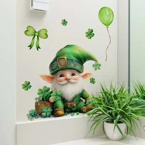 Adesivi murali creativi di San Patrizio con gnomo verde e trifogli decorativi