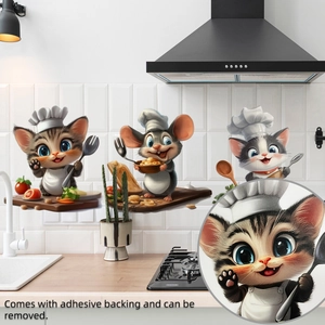 Detail of self-adhesive cartoon chef cat and mouse wall stickers on white kitchen tiles