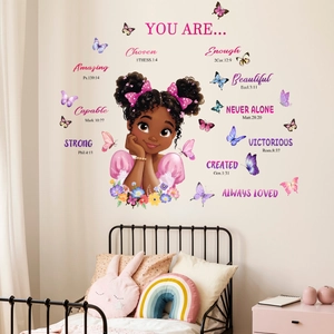 Girl and butterflies wall decals with inspirational Bible quotes for kids bedroom decor
