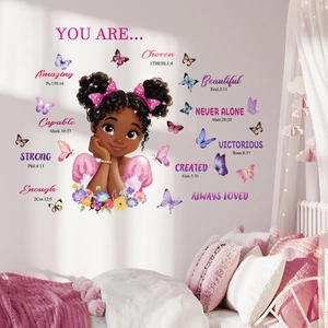 Inspirational cartoon girl wall sticker with Bible verses and butterflies for kids room