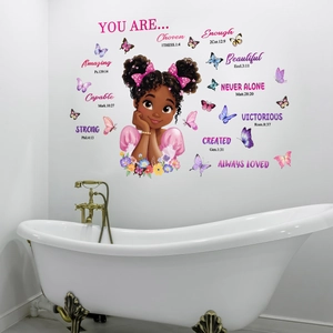 Inspirational Bible Verse Cartoon Black Girl Wall Sticker Colorful Butterfly PVC Removable Decal Home Bedroom Decor