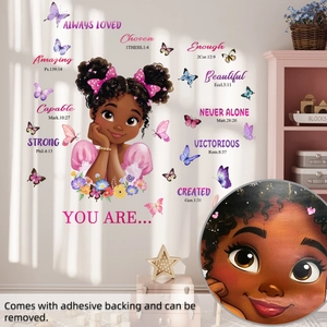 Detail of inspirational girl wall decals with butterflies and bible quotes for kids' rooms