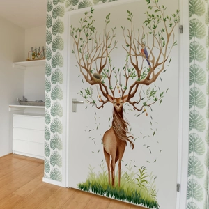 Modern Nordic style self-adhesive wall sticker featuring a deer with forest branch antlers
