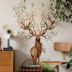 Nordic Elk Deer Tree Branch Wall Stickers Forest Animal Bird Nest Removable Self-Adhesive PVC Decals For Living Room Bedroom