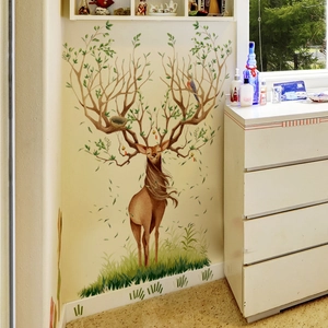 Nordic reindeer wall sticker with leaf branches and birds for bedroom home decor